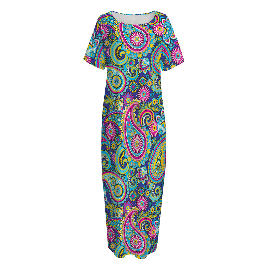 Colorful Paisley Pattern Print Short Sleeve Long Nightdress
