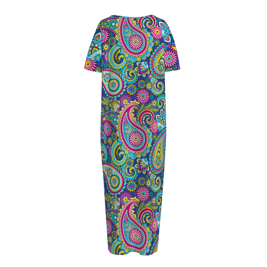 Colorful Paisley Pattern Print Short Sleeve Long Nightdress