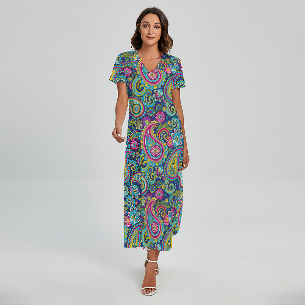 Colorful Paisley Pattern Print Short Sleeve Maxi Dress