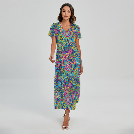 Colorful Paisley Pattern Print Short Sleeve Maxi Dress