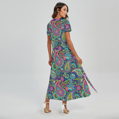 Colorful Paisley Pattern Print Short Sleeve Maxi Dress