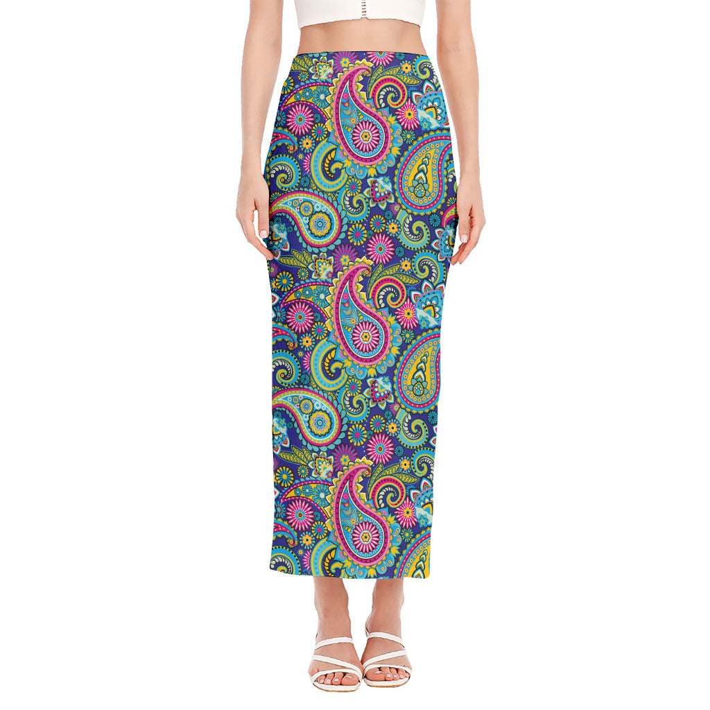 Colorful Paisley Pattern Print Side Slit Maxi Skirt