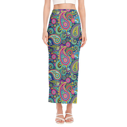 Colorful Paisley Pattern Print Side Slit Maxi Skirt