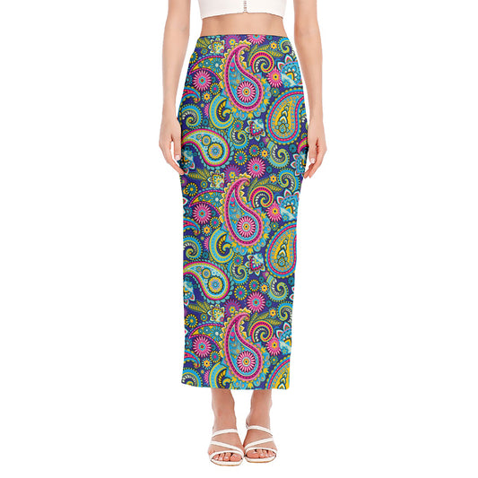 Colorful Paisley Pattern Print Side Slit Maxi Skirt