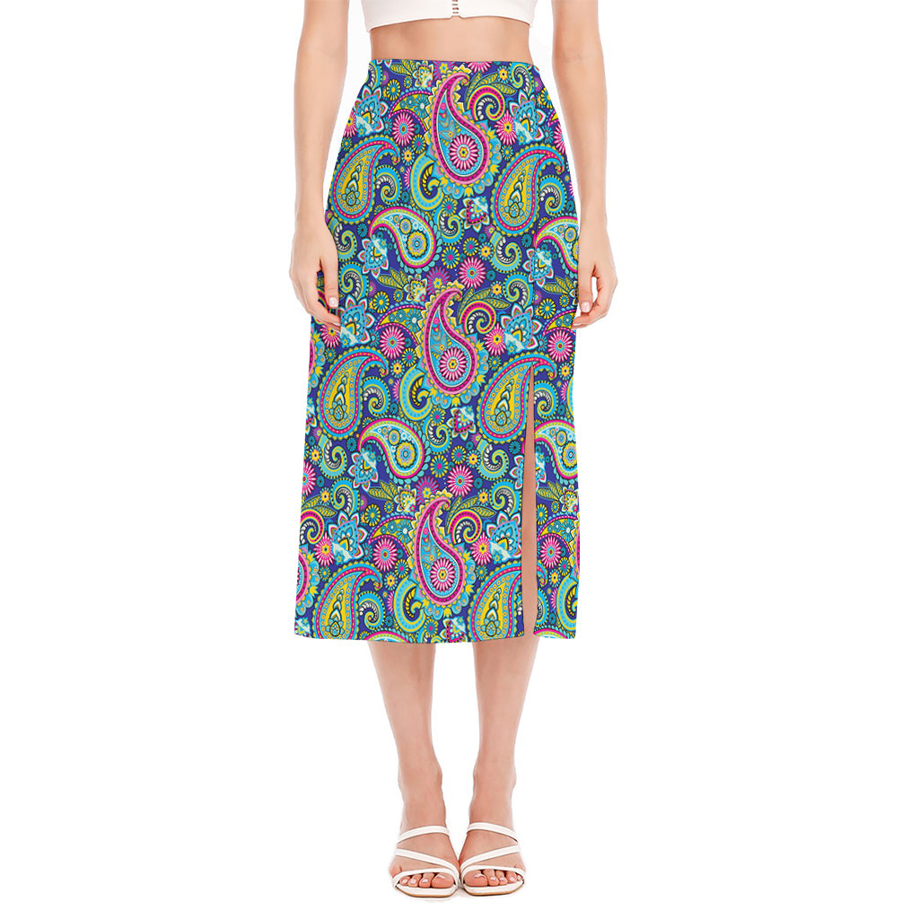 Colorful Paisley Pattern Print Side Slit Midi Skirt
