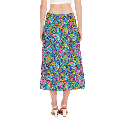Colorful Paisley Pattern Print Side Slit Midi Skirt