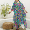 Colorful Paisley Pattern Print Silk V-Neck Kaftan Dress