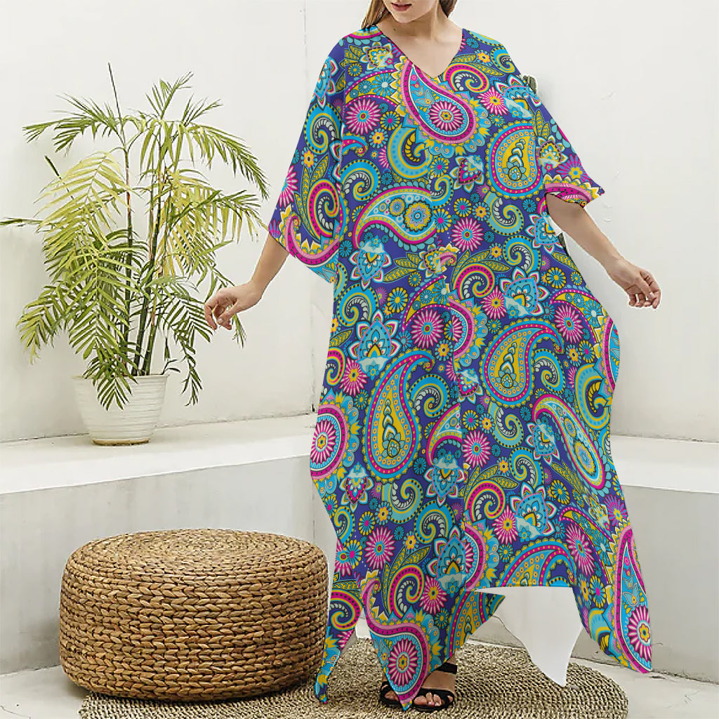 Colorful Paisley Pattern Print Silk V-Neck Kaftan Dress