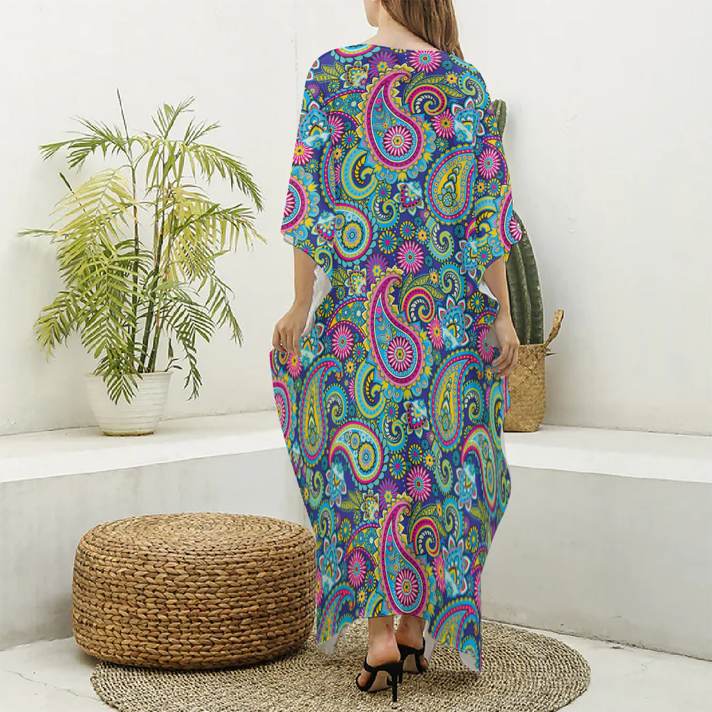 Colorful Paisley Pattern Print Silk V-Neck Kaftan Dress