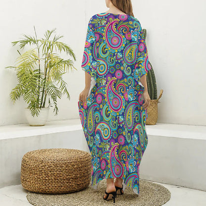 Colorful Paisley Pattern Print Silk V-Neck Kaftan Dress