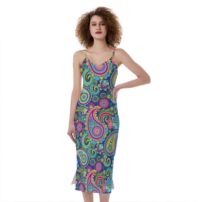 Colorful Paisley Pattern Print Slim Fit Midi Cami Dress