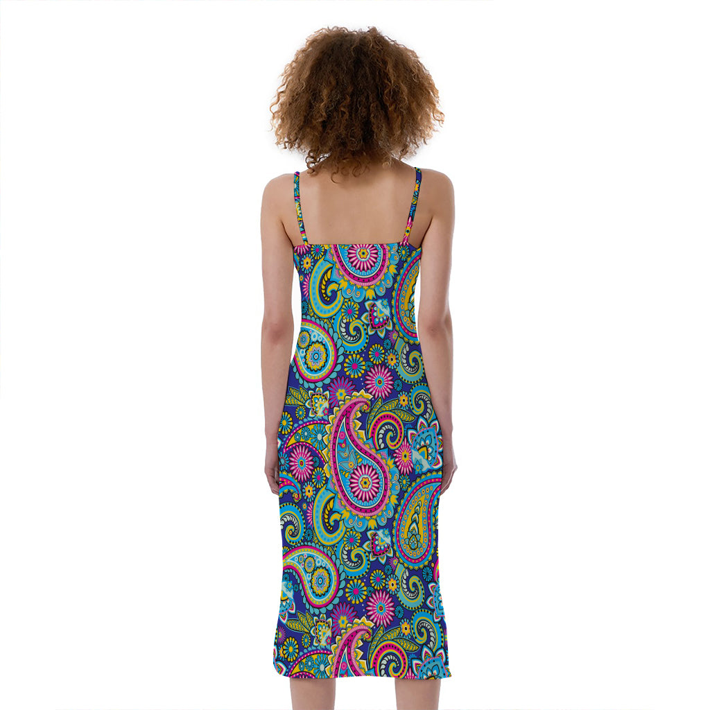 Colorful Paisley Pattern Print Slim Fit Midi Cami Dress