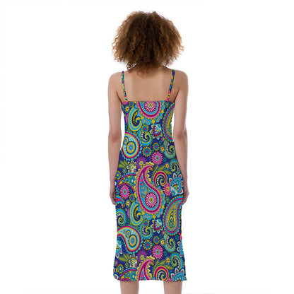 Colorful Paisley Pattern Print Slim Fit Midi Cami Dress