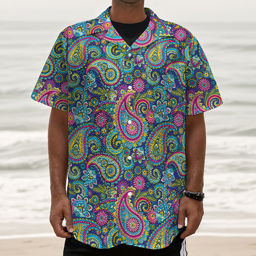 Colorful Paisley Pattern Print Textured Short Sleeve Shirt