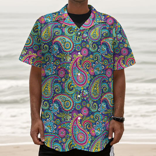 Colorful Paisley Pattern Print Textured Short Sleeve Shirt