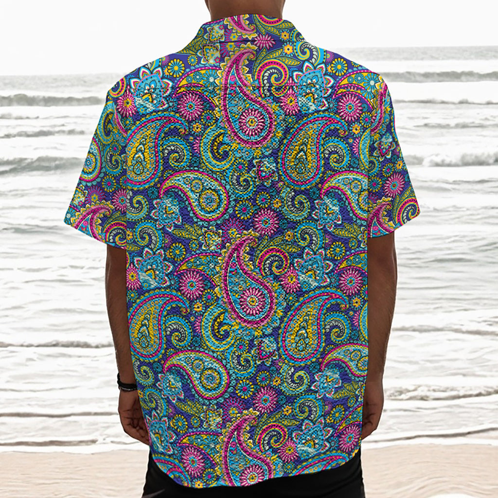 Colorful Paisley Pattern Print Textured Short Sleeve Shirt