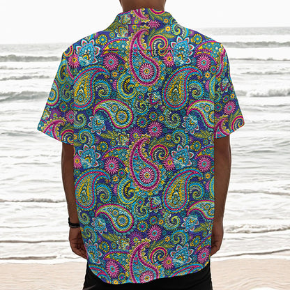 Colorful Paisley Pattern Print Textured Short Sleeve Shirt