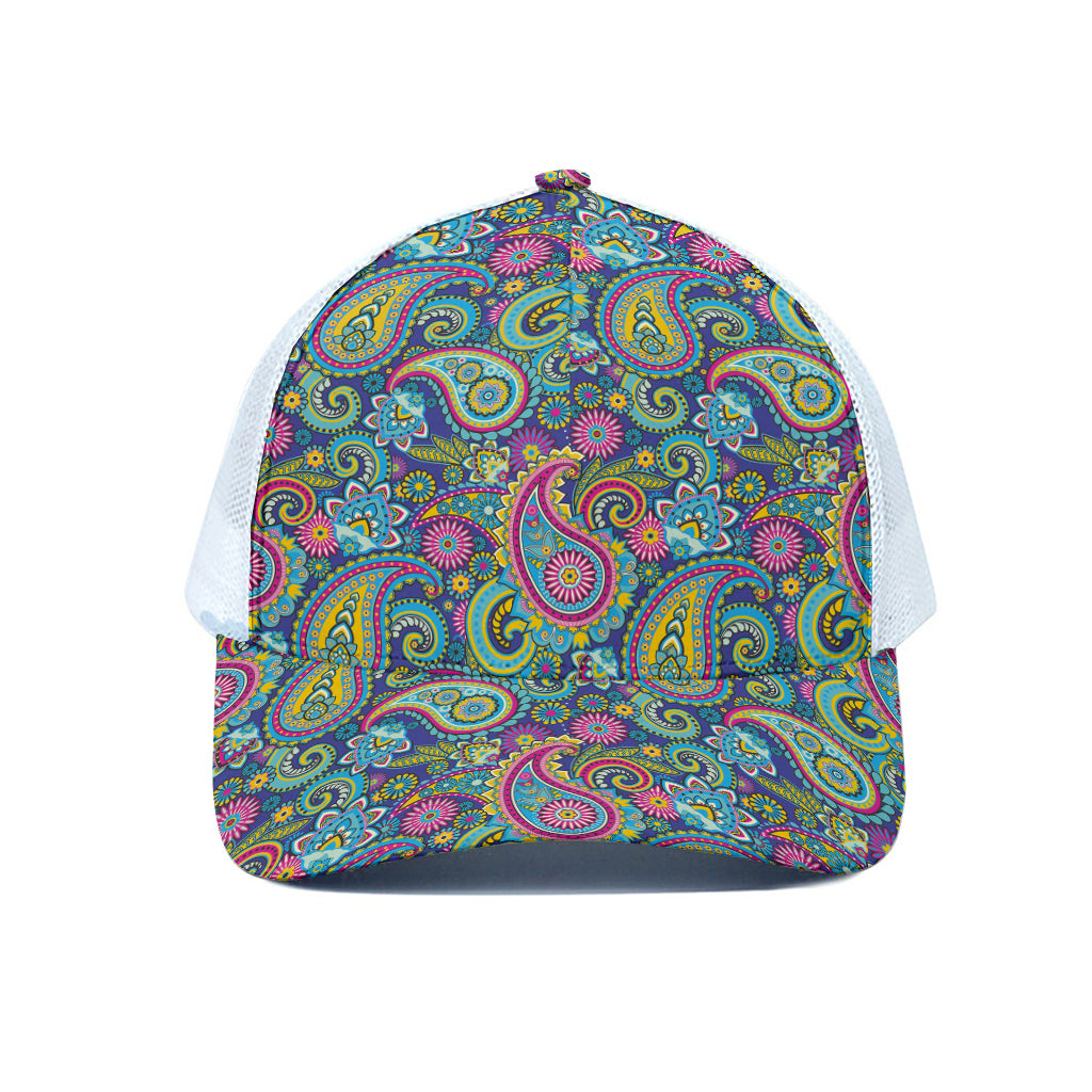 Colorful Paisley Pattern Print White Mesh Trucker Cap