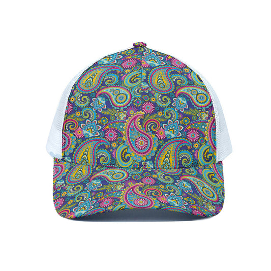 Colorful Paisley Pattern Print White Mesh Trucker Cap