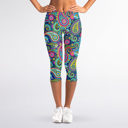 Colorful Paisley Pattern Print Women's Capri Leggings
