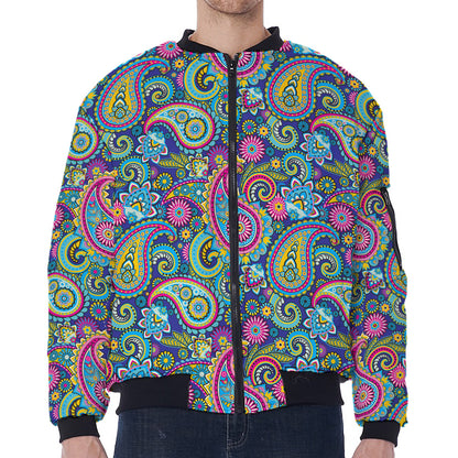 Colorful Paisley Pattern Print Zip Sleeve Bomber Jacket