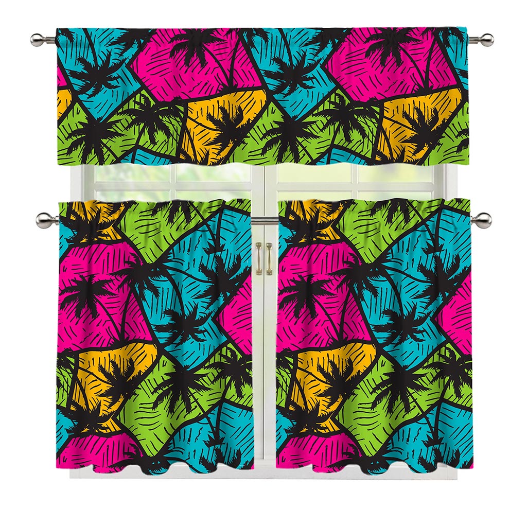 Colorful Palm Tree Pattern Print 3 Piece Kitchen Curtains