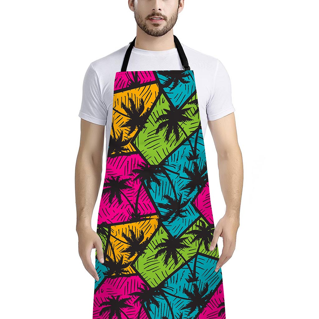 Colorful Palm Tree Pattern Print Bib Apron With Pocket