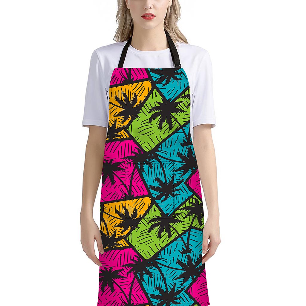 Colorful Palm Tree Pattern Print Bib Apron With Pocket