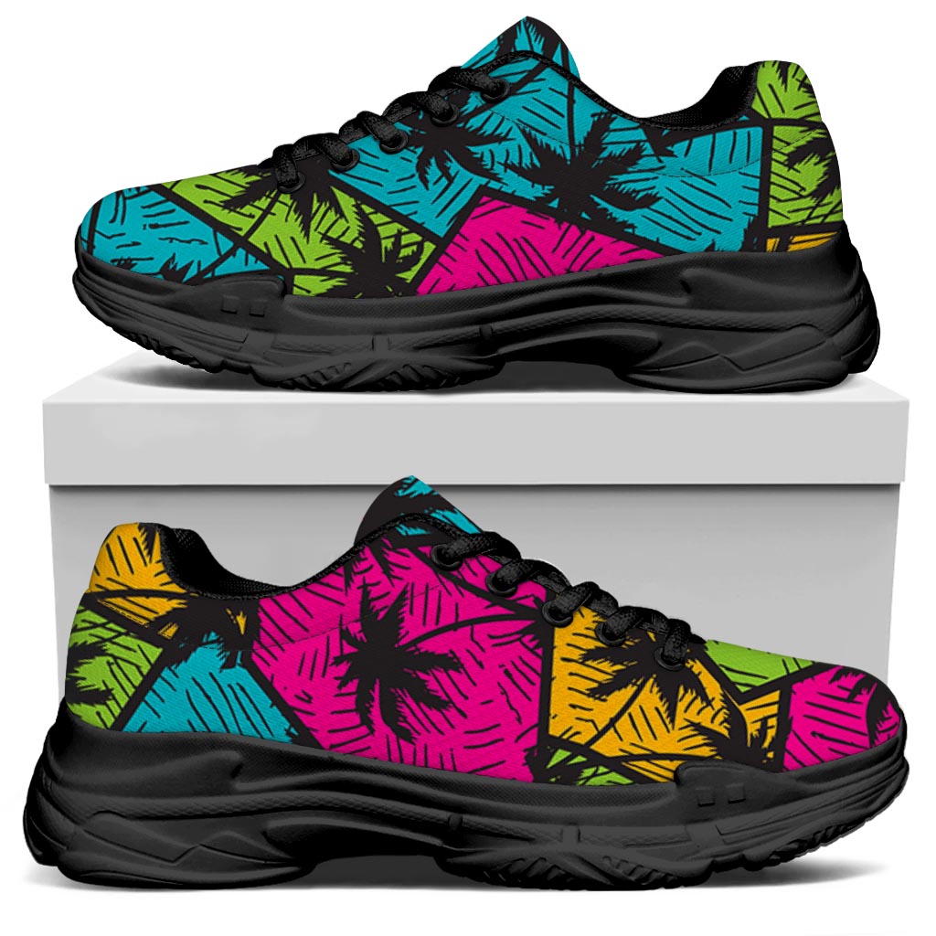 Colorful Palm Tree Pattern Print Black Chunky Shoes