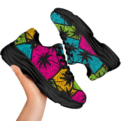 Colorful Palm Tree Pattern Print Black Chunky Shoes