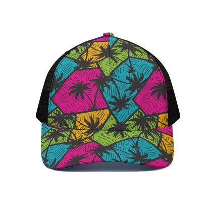 Colorful Palm Tree Pattern Print Black Mesh Trucker Cap