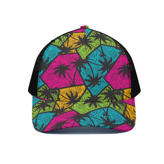 Colorful Palm Tree Pattern Print Black Mesh Trucker Cap