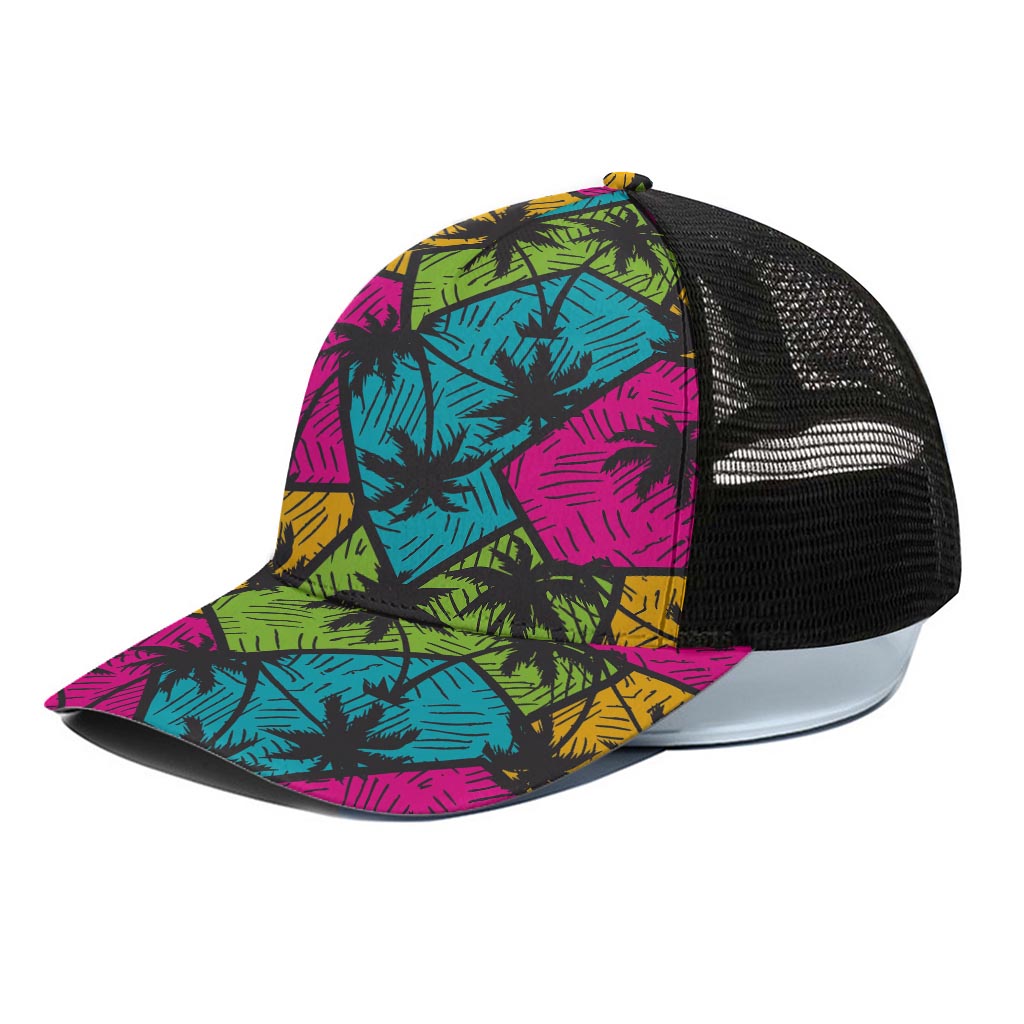 Colorful Palm Tree Pattern Print Black Mesh Trucker Cap