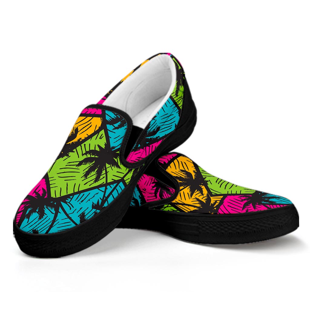 Colorful Palm Tree Pattern Print Black Slip On Sneakers