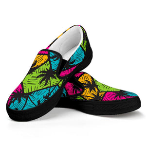 Colorful Palm Tree Pattern Print Black Slip On Sneakers