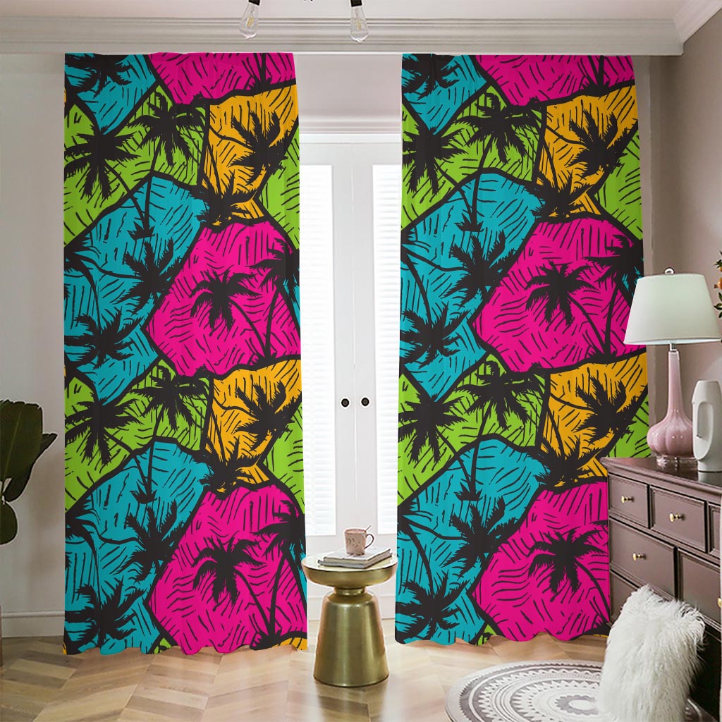 Colorful Palm Tree Pattern Print Blackout Pencil Pleat Curtains