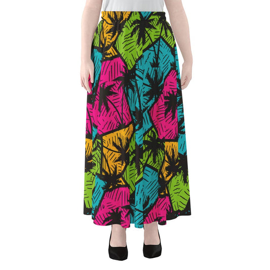 Colorful Palm Tree Pattern Print Chiffon Maxi Skirt