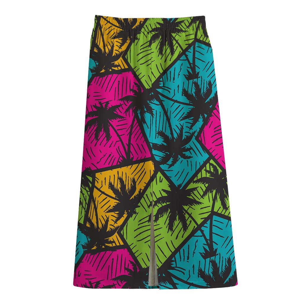 Colorful Palm Tree Pattern Print Cotton Front Slit Maxi Skirt