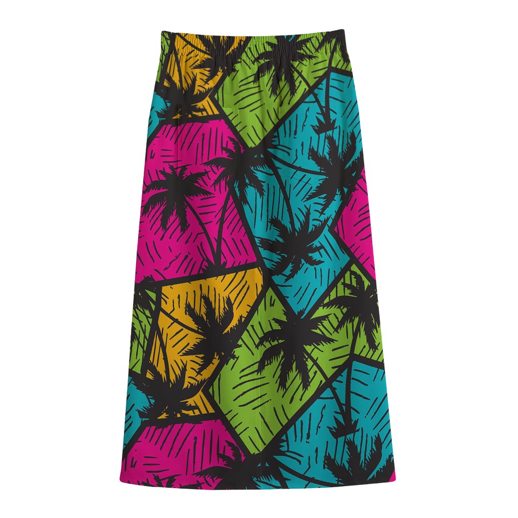 Colorful Palm Tree Pattern Print Cotton Front Slit Maxi Skirt