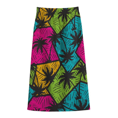 Colorful Palm Tree Pattern Print Cotton Front Slit Maxi Skirt