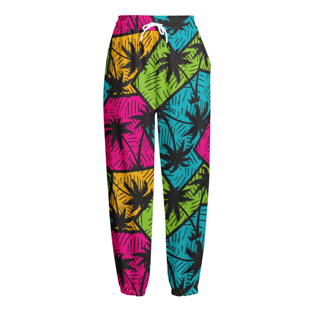 Colorful Palm Tree Pattern Print Fleece Lined Knit Pants