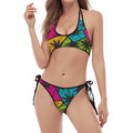 Colorful Palm Tree Pattern Print Halter Scoop Tie Side Bikini