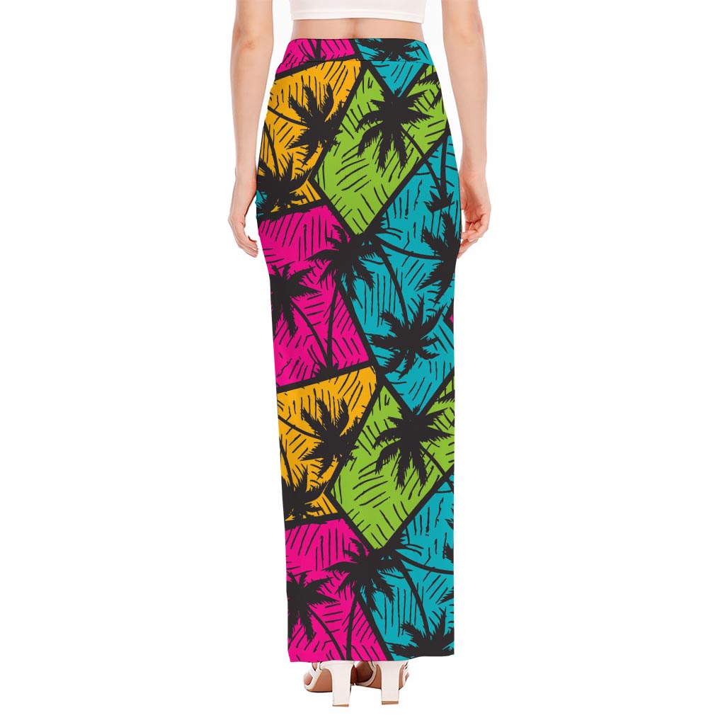 Colorful Palm Tree Pattern Print High Slit Maxi Skirt