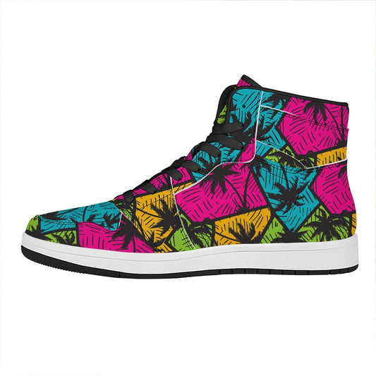 Colorful Palm Tree Pattern Print High Top Leather Sneakers