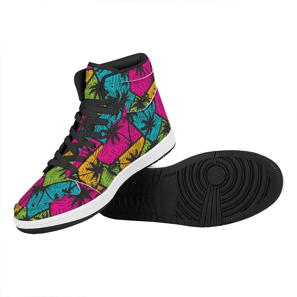 Colorful Palm Tree Pattern Print High Top Leather Sneakers