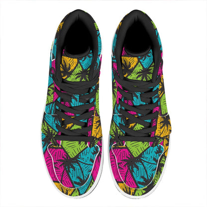 Colorful Palm Tree Pattern Print High Top Leather Sneakers