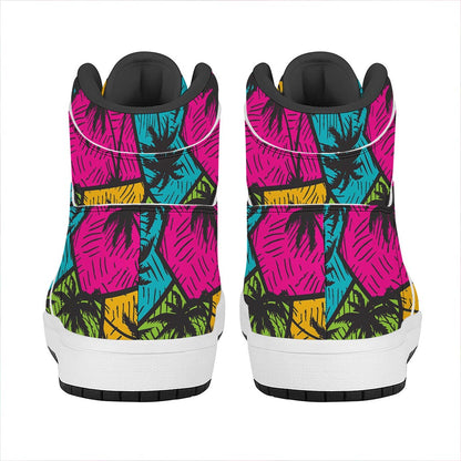 Colorful Palm Tree Pattern Print High Top Leather Sneakers