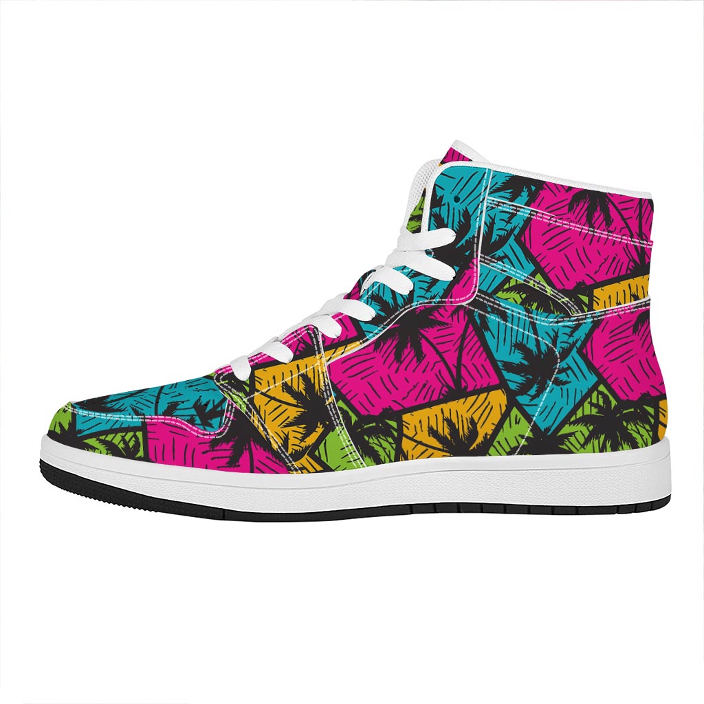 Colorful Palm Tree Pattern Print High Top Leather Sneakers