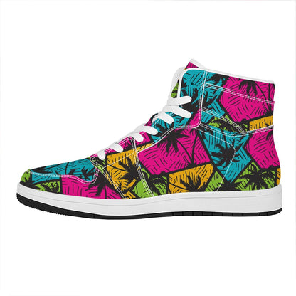 Colorful Palm Tree Pattern Print High Top Leather Sneakers
