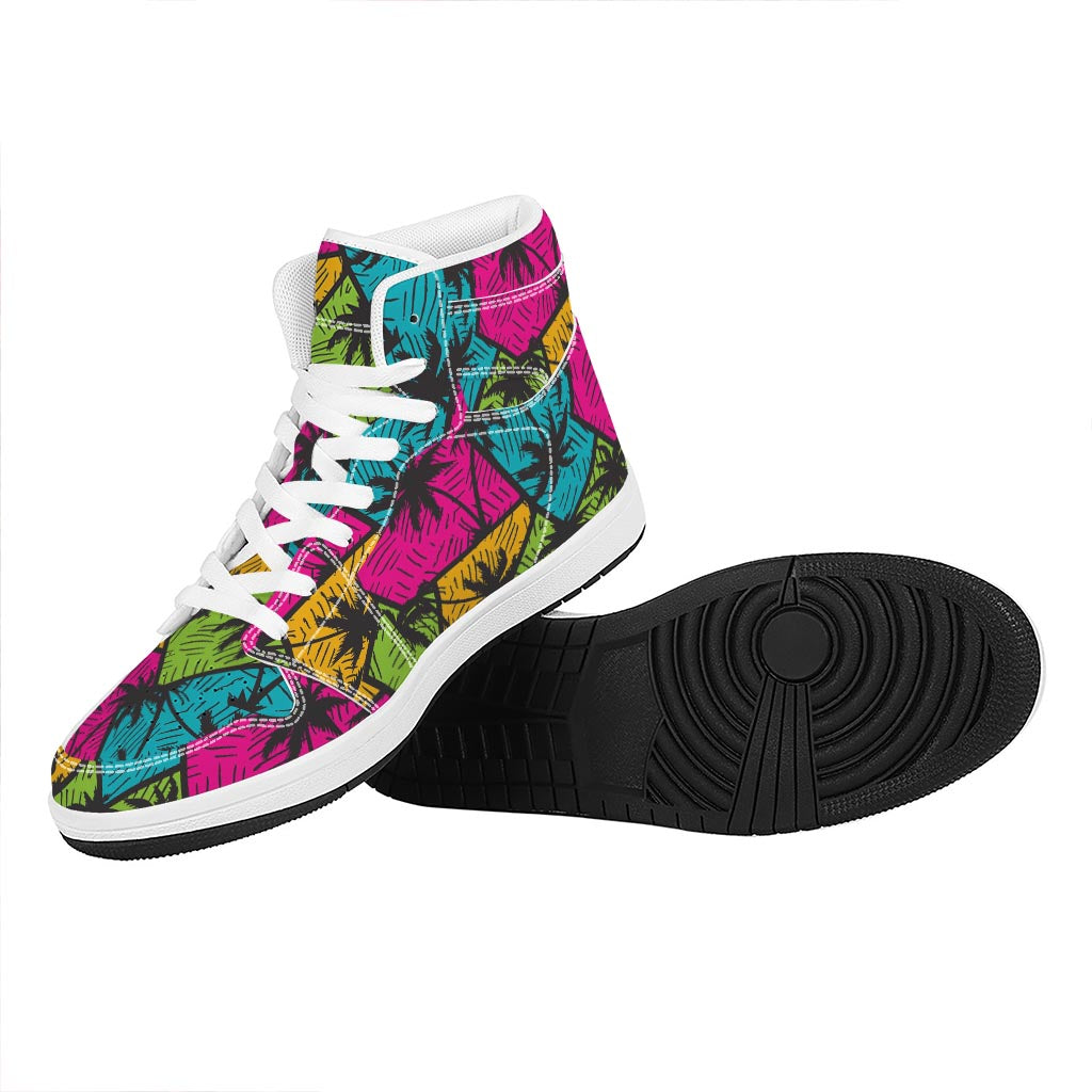 Colorful Palm Tree Pattern Print High Top Leather Sneakers